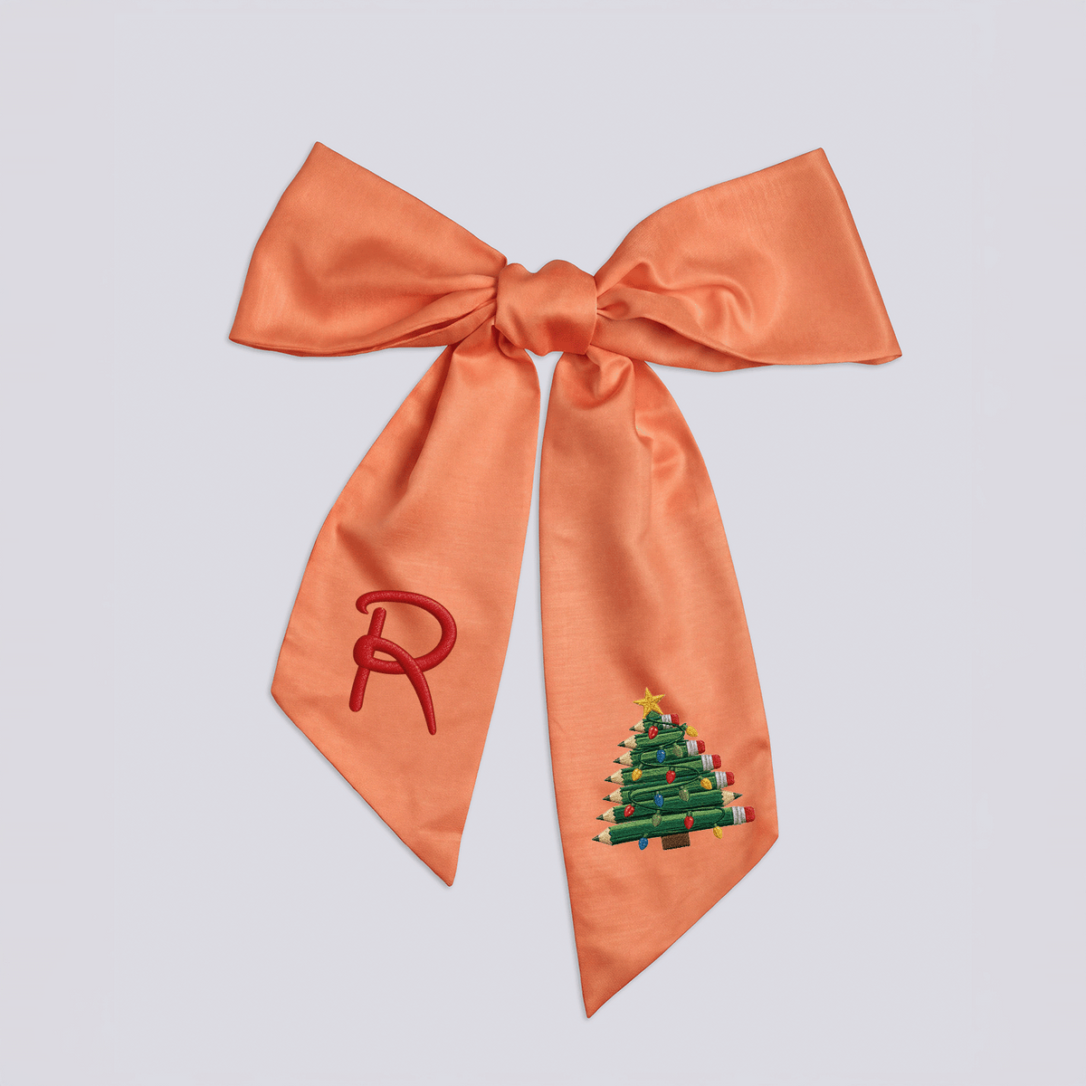 Custom Monogram Pencil Christmas Tree Embroidered Linen Door Wreath Sash, Personalized Initial Teacher School Pencil Tree Lights Holiday Wreath Sash & Front Door Decor