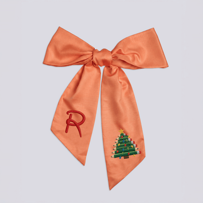 Custom Monogram Pencil Christmas Tree Embroidered Linen Door Wreath Sash, Personalized Initial Teacher School Pencil Tree Lights Holiday Wreath Sash & Front Door Decor