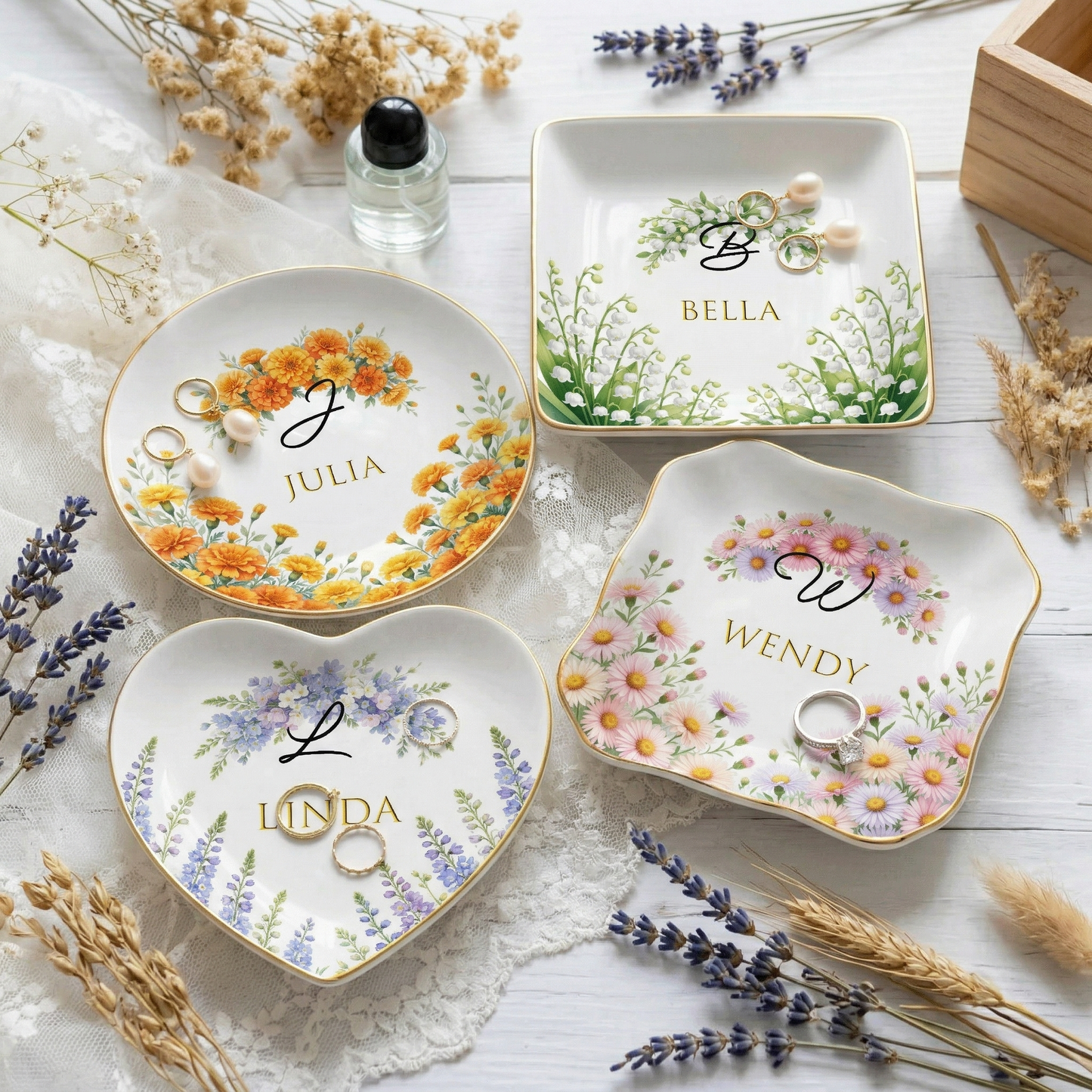 Personalized Birth Month Flower Ring Dish Custom Name Jewelry Trinket Dish