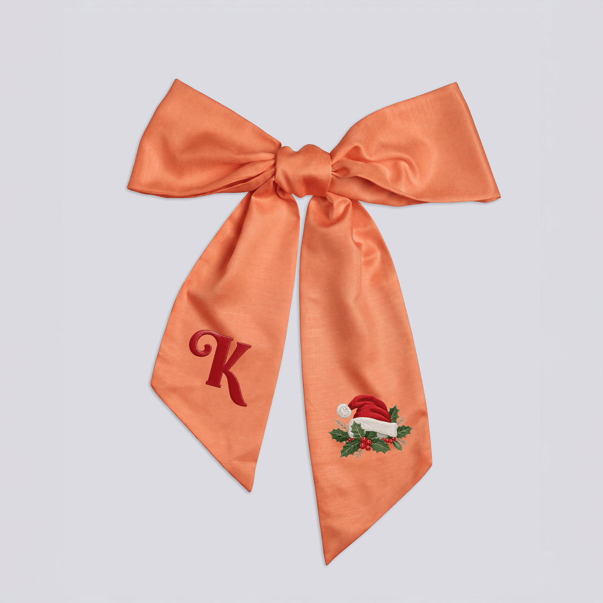 Custom Letter Christmas Santa Hat Embroidered Linen Wreath Sash, Personalized Sage Floral Monogram Bow for Front Door Decor
