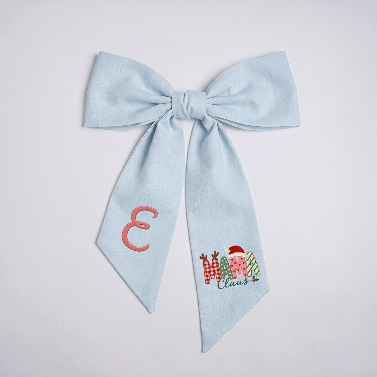 Custom Monogram Mama Claus Embroidered Linen Door Wreath Sash, Personalized Initial Santa Hat Reindeer Festive Typography Holiday Wreath Sash & Front Door Decor