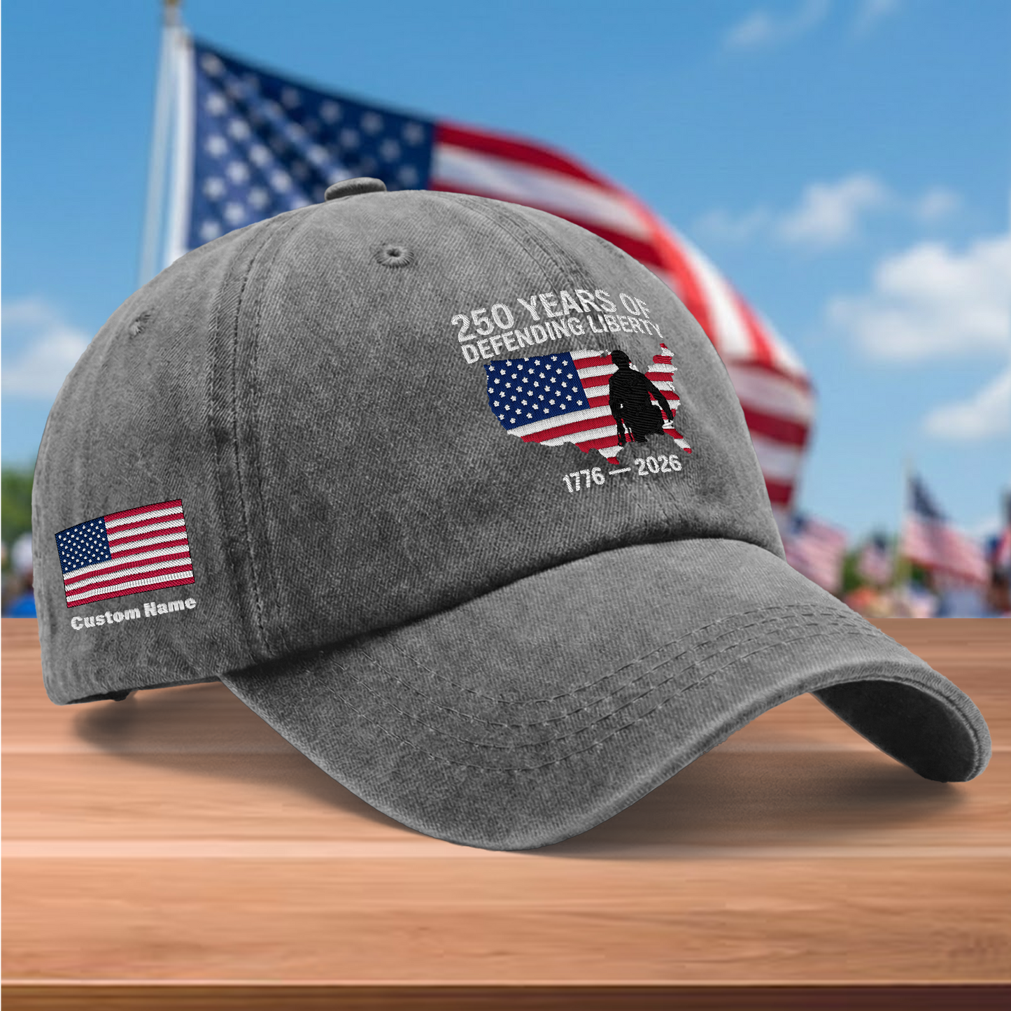 250 Years of Defending Liberty 1776-2026 Embroidered Washed Denim Baseball Cap – Custom Name Patriotic USA Military Anniversary Hat