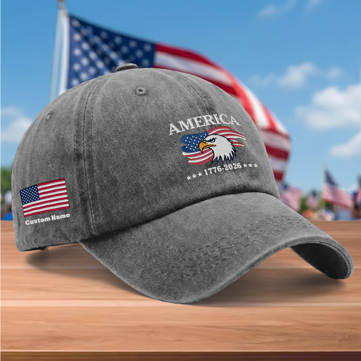 America 250 Years 1776-2026 Eagle Embroidered Washed Denim Baseball Cap – Custom Name Patriotic USA Anniversary Hat
