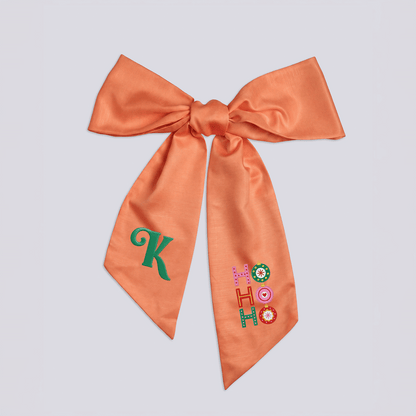 Custom Letter Christmas Ho Ho Ho Embroidered Linen Wreath Sash, Personalized Monogram Festive Ornament Bow Sash for Front Door Decor