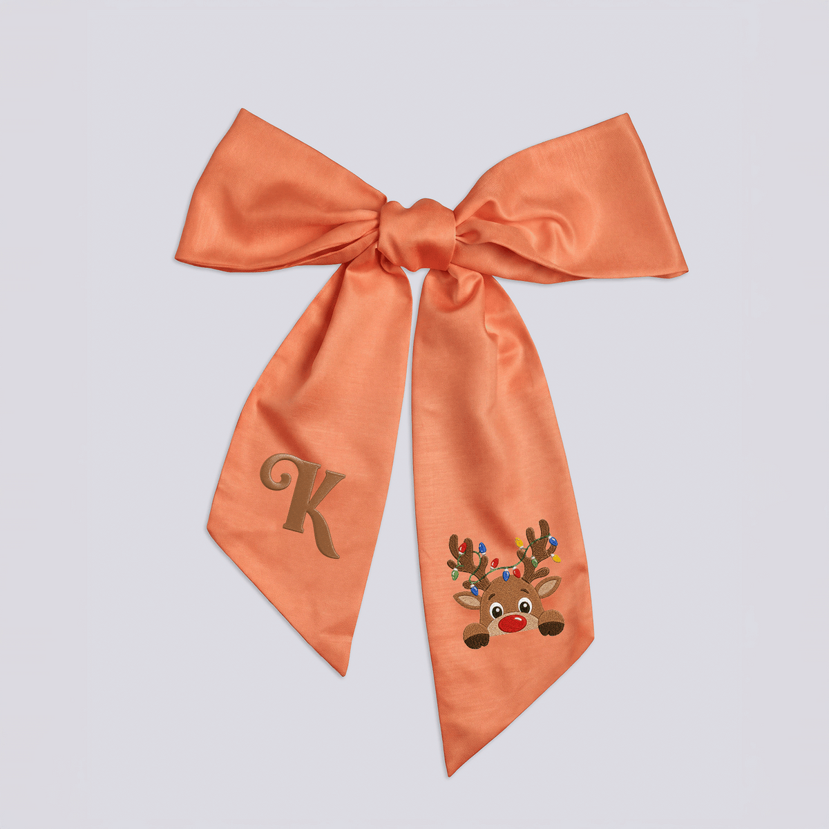 Custom Letter Reindeer Christmas Lights Embroidered Linen Wreath Sash, Personalized Monogram Holiday Bow Sash for Door Decor