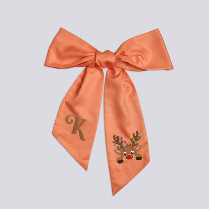 Custom Letter Reindeer Christmas Lights Embroidered Linen Wreath Sash, Personalized Monogram Holiday Bow Sash for Door Decor