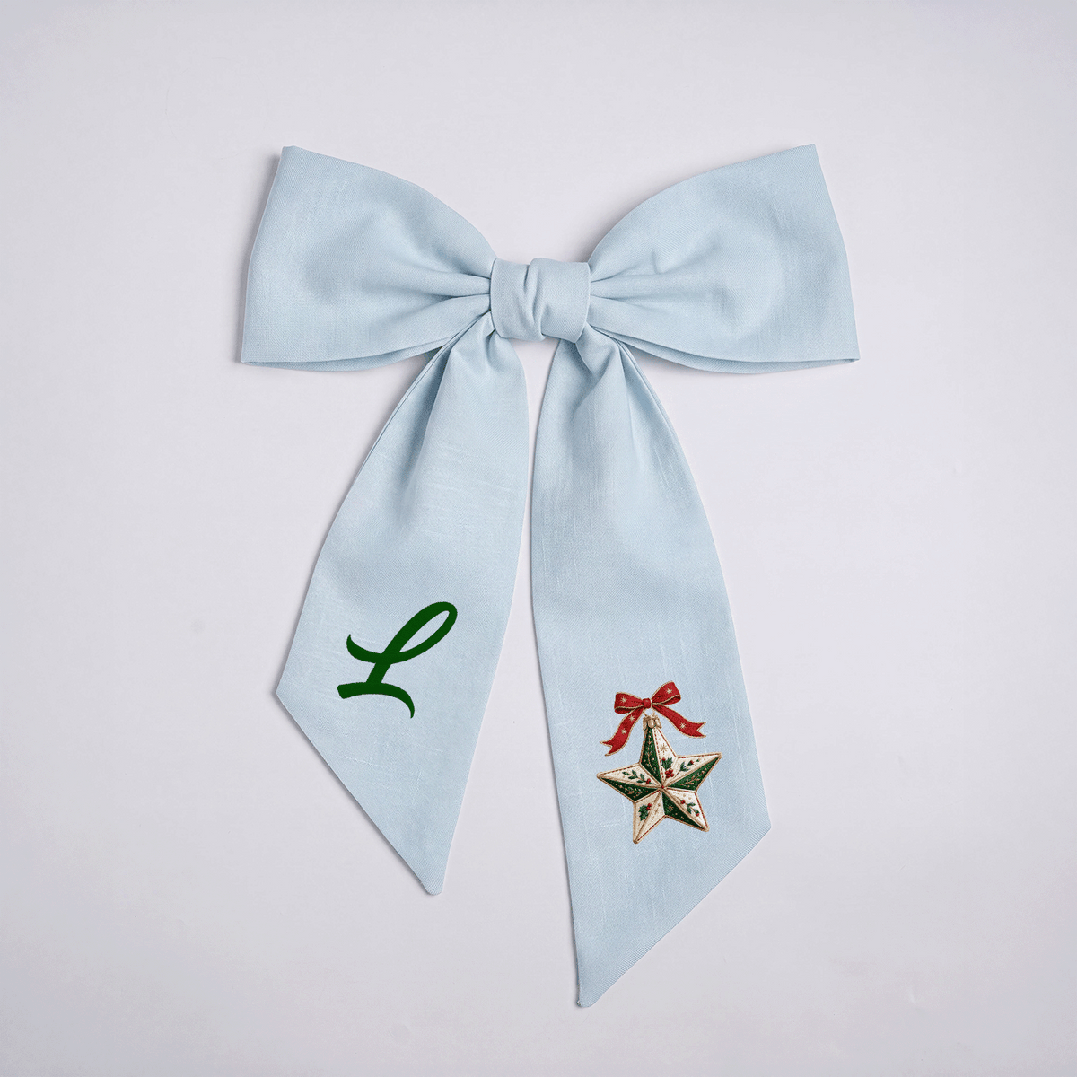 Custom Letter Christmas Star Embroidered Linen Wreath Sash, Personalized Monogram Holiday Bow Sash for Door Decor