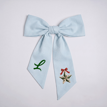 Custom Letter Christmas Star Embroidered Linen Wreath Sash, Personalized Monogram Holiday Bow Sash for Door Decor