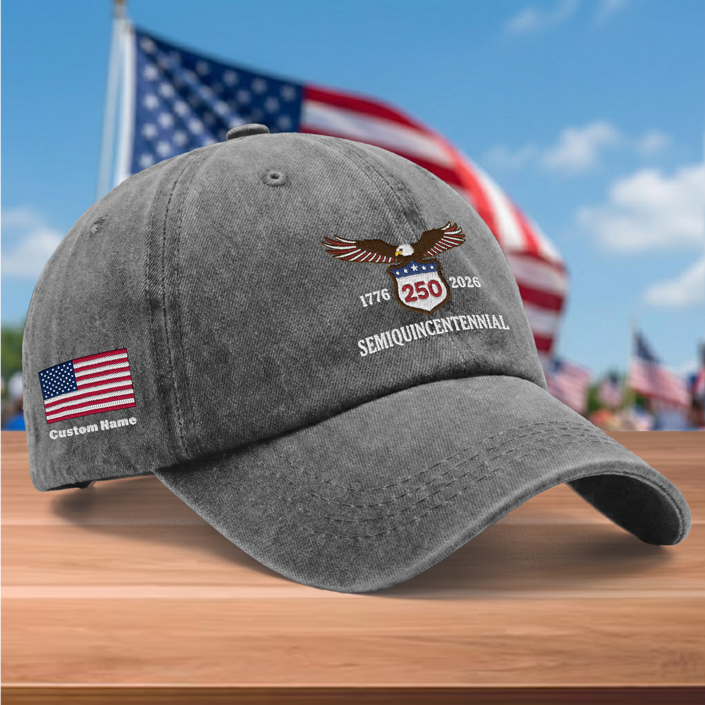 USA 250th Semiquincentennial 1776-2026 Eagle Embroidered Washed Denim Baseball Cap – Custom Name Patriotic Anniversary Hat