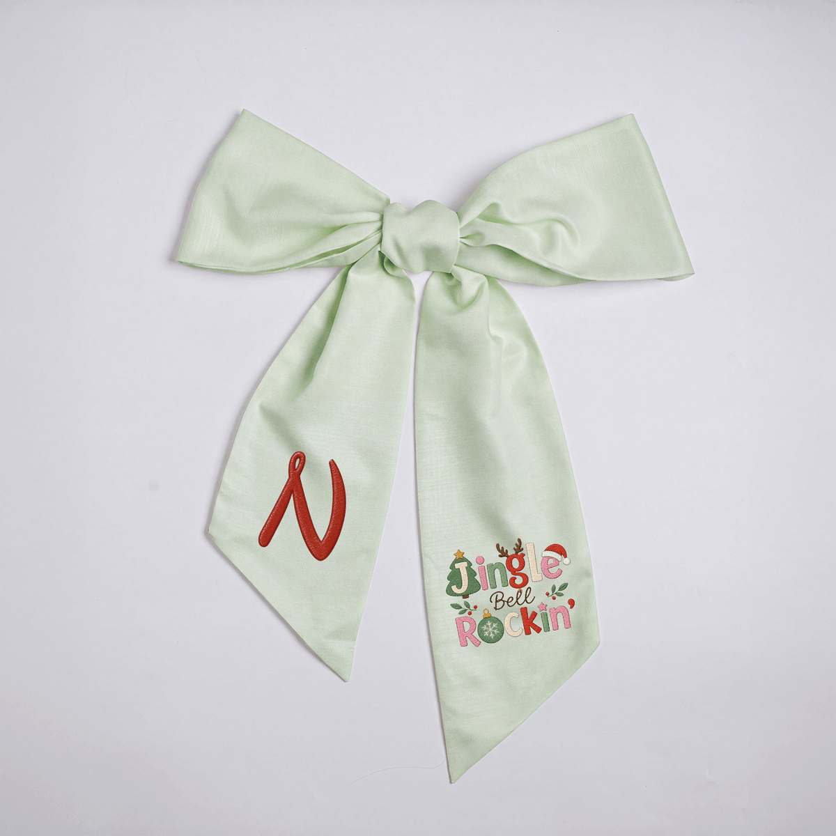 Custom Monogram Jingle Bell Rockin' Embroidered Linen Door Wreath Sash, Personalized Initial Festive Typography Reindeer Santa Hat Holiday Wreath Sash & Front Door Decor