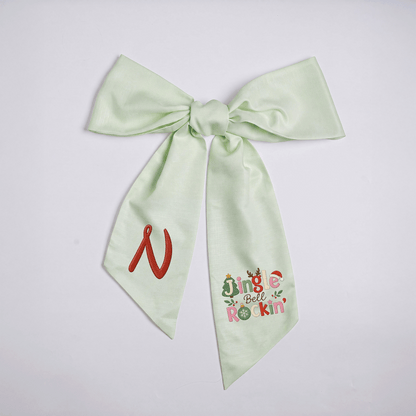 Custom Monogram Jingle Bell Rockin' Embroidered Linen Door Wreath Sash, Personalized Initial Festive Typography Reindeer Santa Hat Holiday Wreath Sash & Front Door Decor