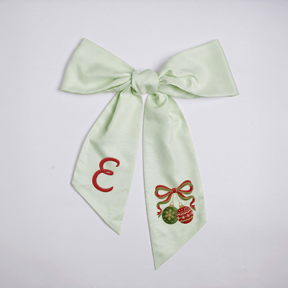 Custom Monogram Christmas Ornaments Embroidered Linen Door Wreath Sash, Personalized Initial Red Green Baubles Ribbon Holiday Wreath Sash & Front Door Decor
