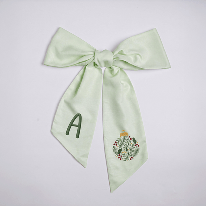 Personalized Monogram Christmas Bauble Embroidered Linen Door Wreath Sash, Custom Initial Botanical Holiday Wreath Bow Sash Decor, Festive Front Door Home Accessories