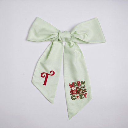 Custom Letter Warm and Cozy Embroidered Linen Wreath Sash, Personalized Monogram Christmas Winter Bow Sash for Front Door Decor