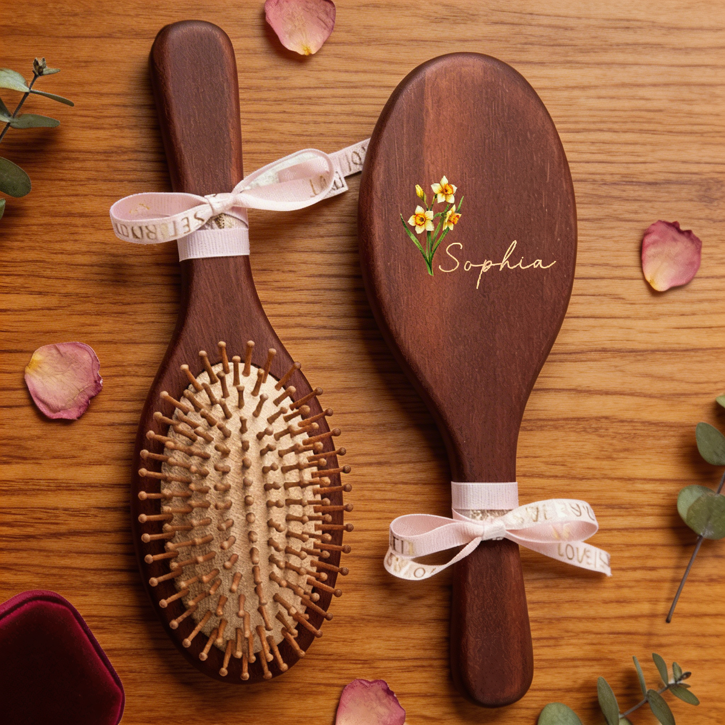 Personalized Wooden Hair Brush with Birth Flower and Name – “Bloom Where You're Planted” Gift for Her