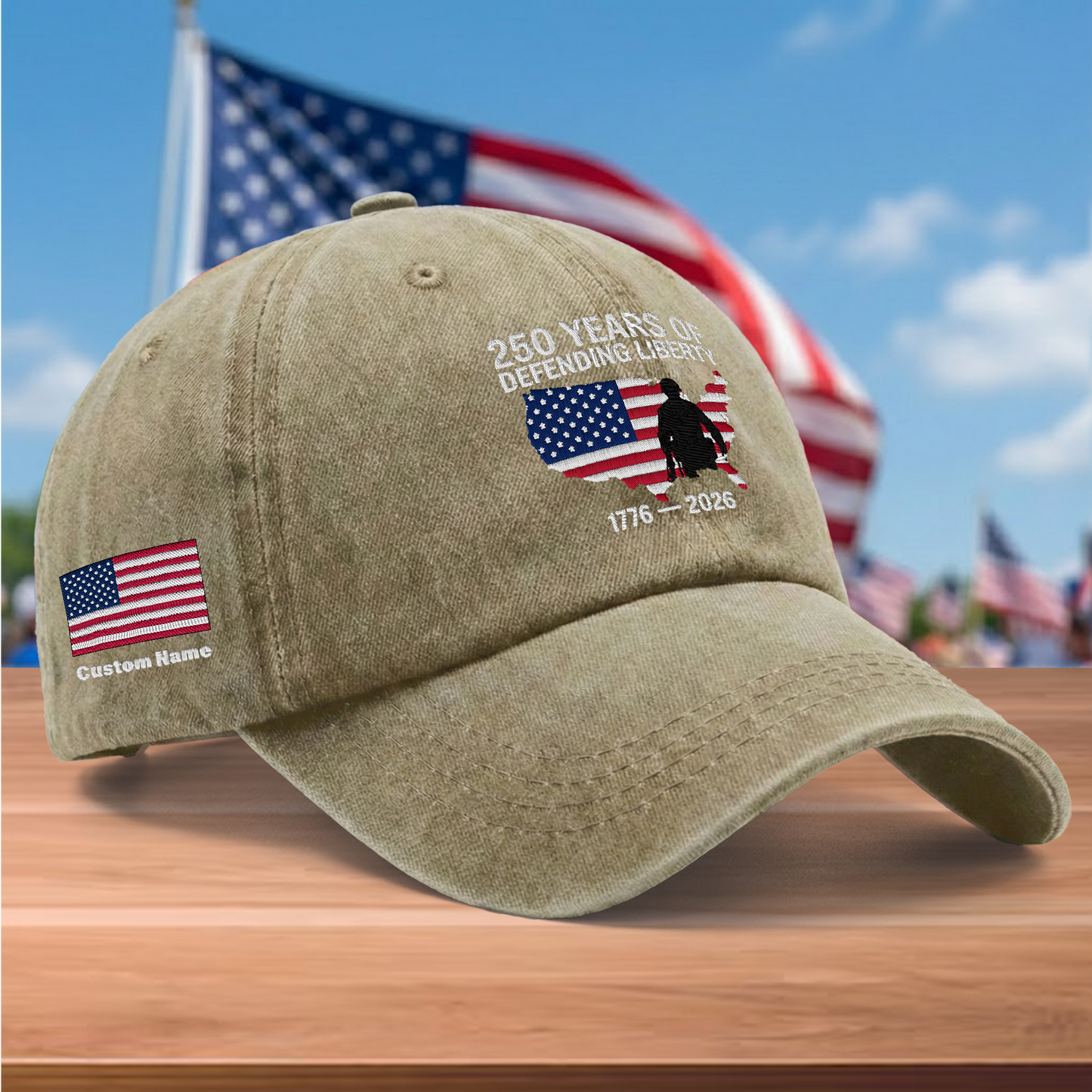 250 Years of Defending Liberty 1776-2026 Embroidered Washed Denim Baseball Cap – Custom Name Patriotic USA Military Anniversary Hat