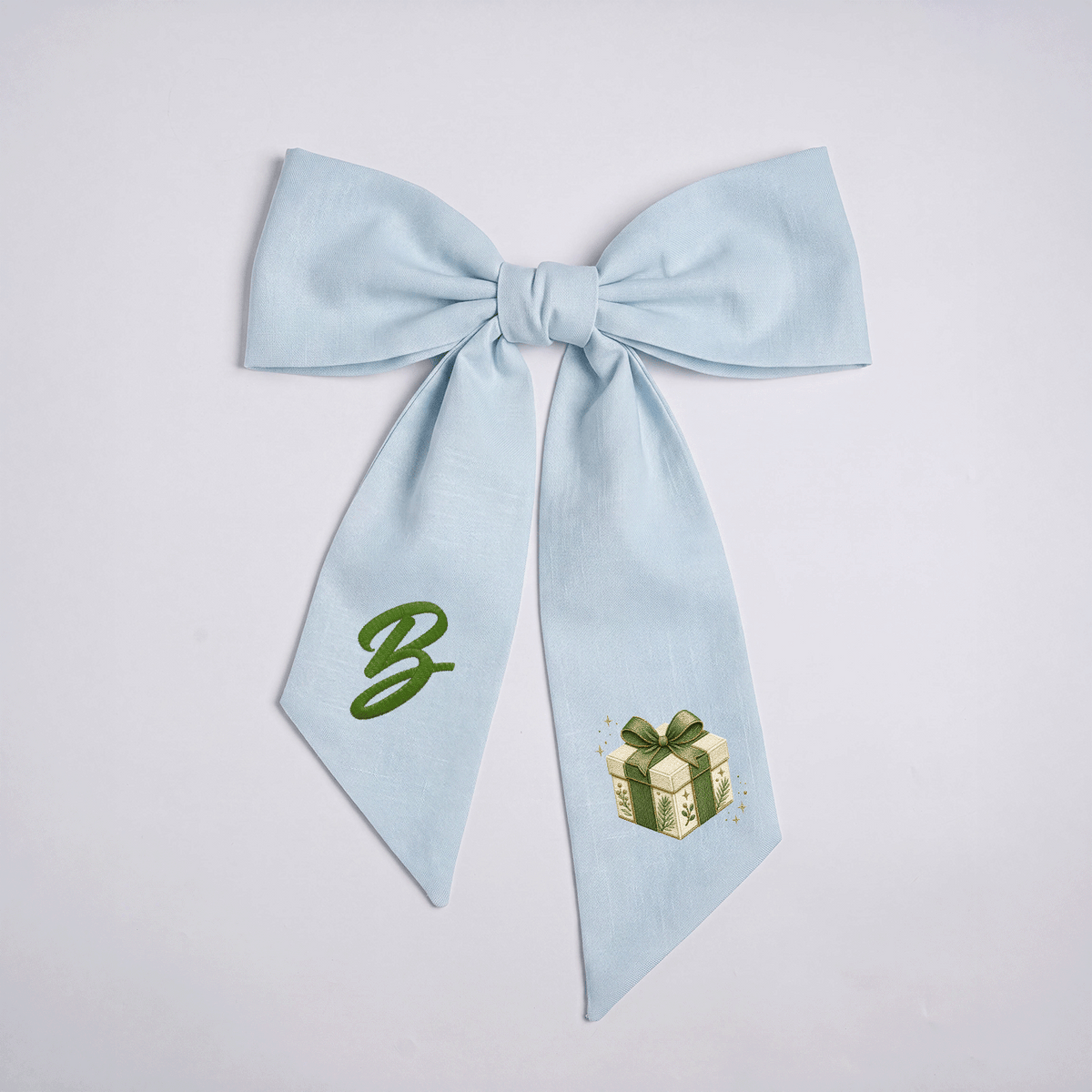 Custom Letter Green Bow Christmas Gift Box Embroidered Linen Wreath Sash, Personalized Monogram Holiday Bow Sash for Door Decor
