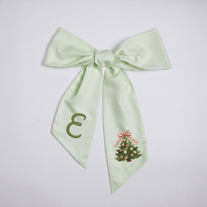 Custom Monogram Christmas Tree Embroidered Linen Door Wreath Sash, Personalized Initial Pink Bow Pine Tree Holiday Wreath Sash & Front Door Decor