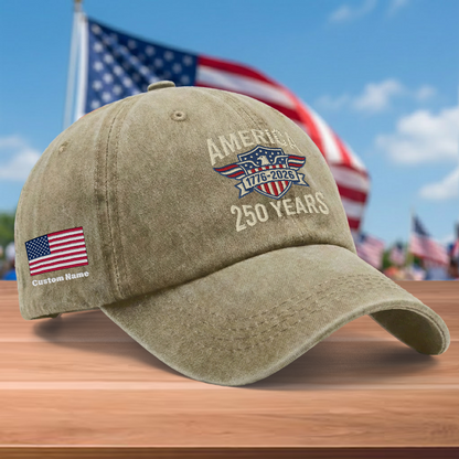 America 250th Anniversary 1776-2026 Embroidered Baseball Cap – Custom Name Patriotic USA Washed Denim Hat