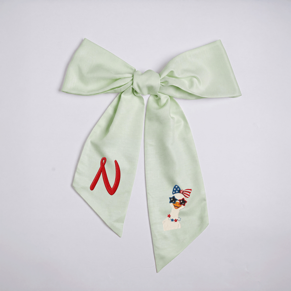 Custom Monogram Patriotic Goose Embroidered Linen Door Wreath Sash, Personalized Initial Bow Goose Gingham Holiday Wreath Sash & Front Door Decor