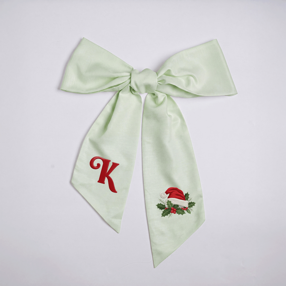 Custom Letter Christmas Santa Hat Embroidered Linen Wreath Sash, Personalized Sage Floral Monogram Bow for Front Door Decor
