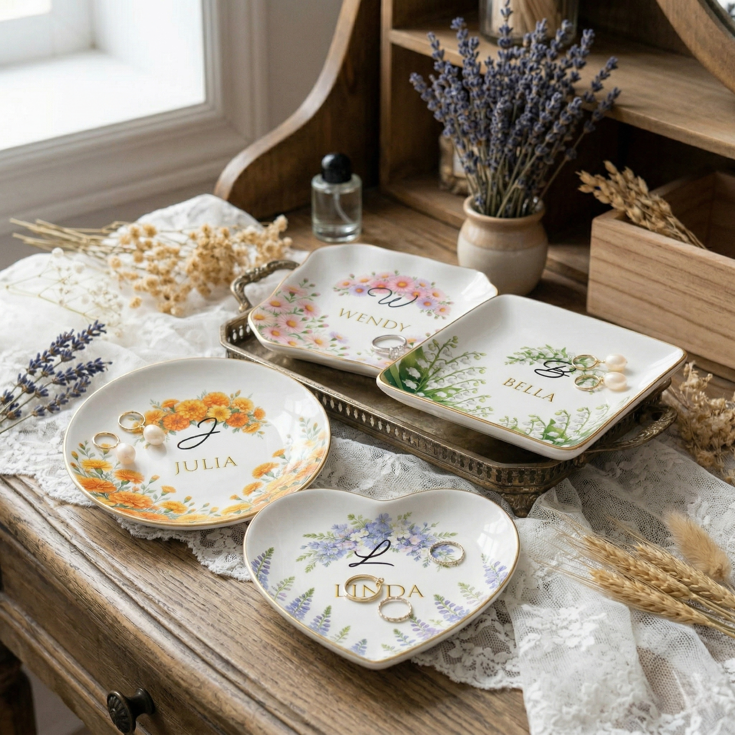 Personalized Birth Month Flower Ring Dish Custom Name Jewelry Trinket Dish
