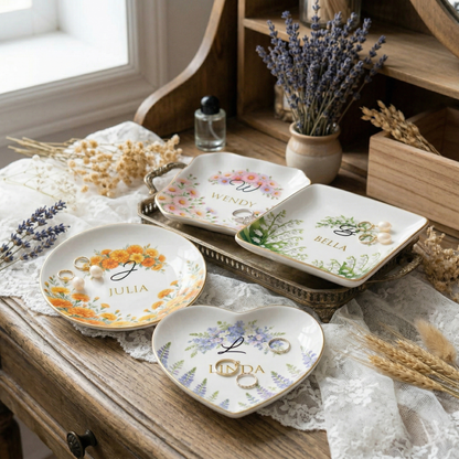 Personalized Birth Month Flower Ring Dish Custom Name Jewelry Trinket Dish