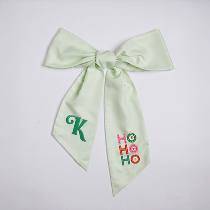 Custom Letter Christmas Ho Ho Ho Embroidered Linen Wreath Sash, Personalized Monogram Festive Ornament Bow Sash for Front Door Decor