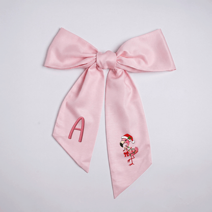 Custom Monogram Christmas Flamingo Floral Toile Wreath Bow, Personalized Initial Holiday Flamingo Wreath Sash & Front Door Decor