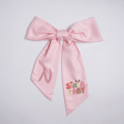 Custom Monogram Santa Baby Embroidered Linen Door Wreath Sash, Personalized Initial Retro Typography Reindeer Pink Tree Holiday Wreath Sash & Front Door Decor