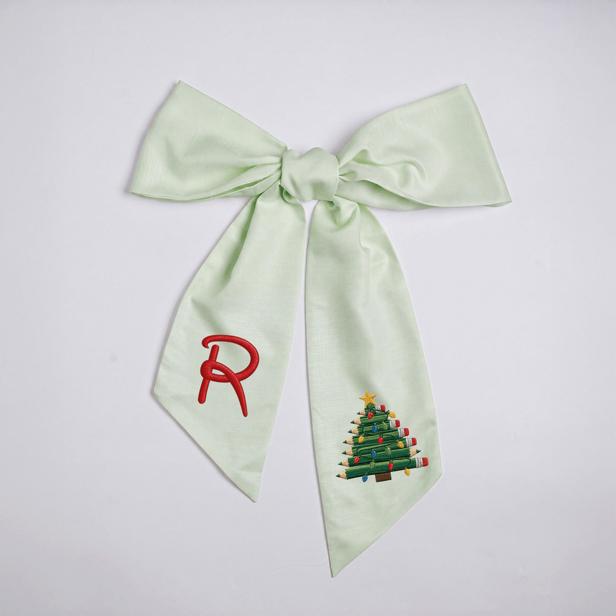 Custom Monogram Pencil Christmas Tree Embroidered Linen Door Wreath Sash, Personalized Initial Teacher School Pencil Tree Lights Holiday Wreath Sash & Front Door Decor