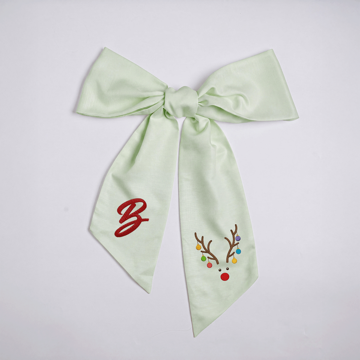 Custom Letter Reindeer Antlers Lights Embroidered Linen Wreath Sash, Personalized Monogram Holiday Bow Sash for Door Decor