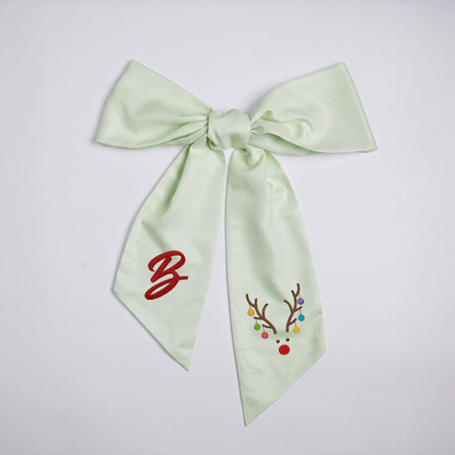 Custom Letter Reindeer Antlers Lights Embroidered Linen Wreath Sash, Personalized Monogram Holiday Bow Sash for Door Decor