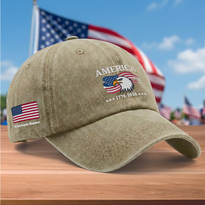America 250 Years 1776-2026 Eagle Embroidered Washed Denim Baseball Cap – Custom Name Patriotic USA Anniversary Hat