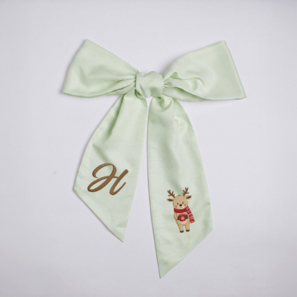 Custom Letter Christmas Reindeer Embroidered Linen Wreath Sash, Personalized Monogram Holiday Bow Sash for Door Decor
