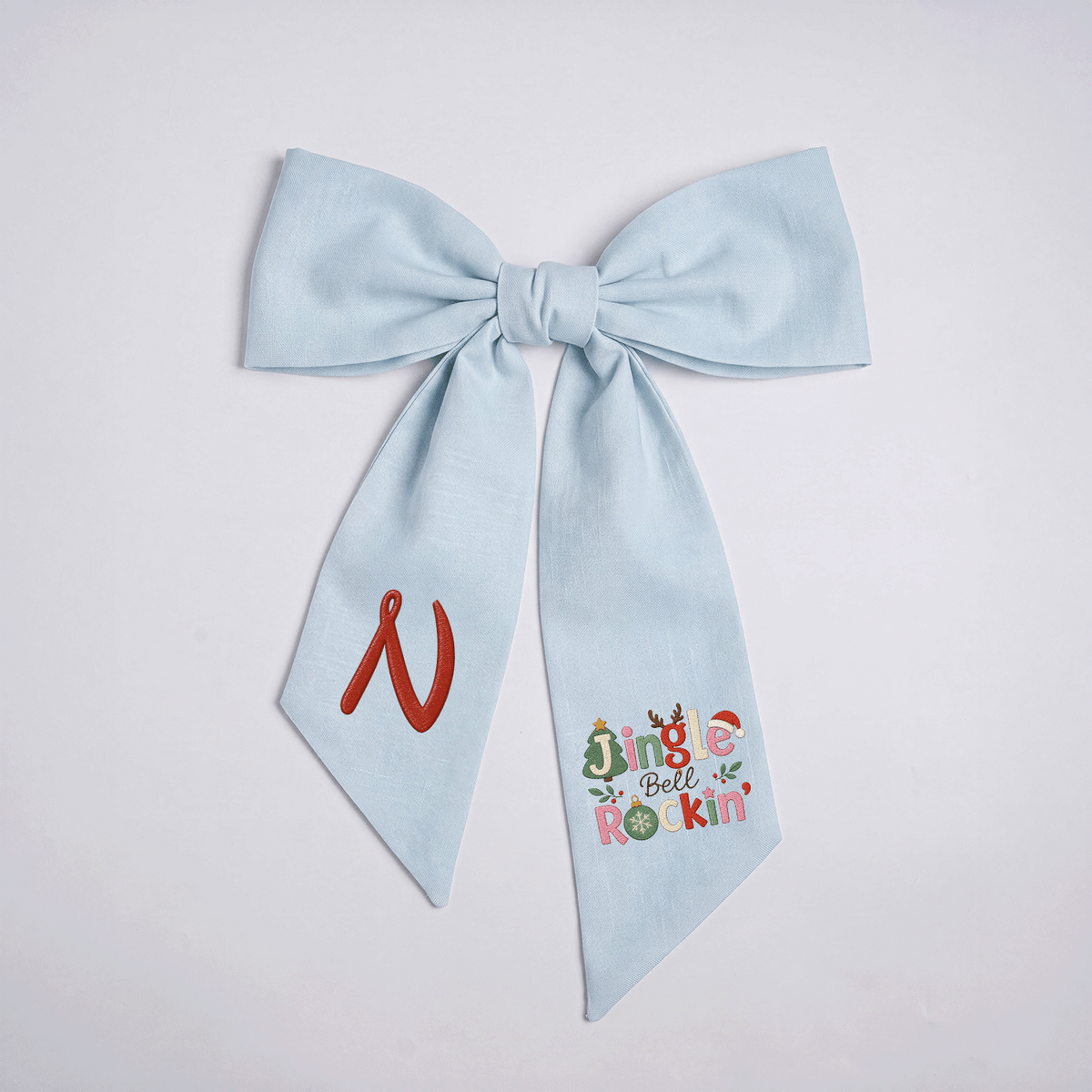 Custom Monogram Jingle Bell Rockin' Embroidered Linen Door Wreath Sash, Personalized Initial Festive Typography Reindeer Santa Hat Holiday Wreath Sash & Front Door Decor
