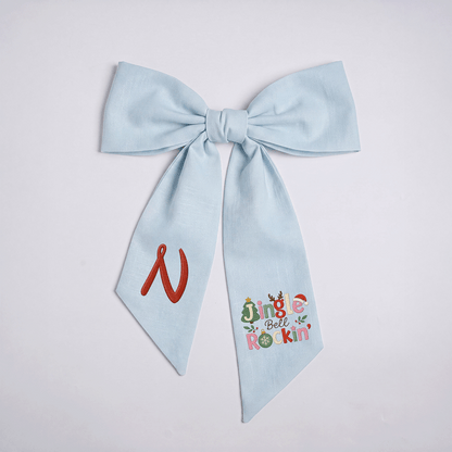 Custom Monogram Jingle Bell Rockin' Embroidered Linen Door Wreath Sash, Personalized Initial Festive Typography Reindeer Santa Hat Holiday Wreath Sash & Front Door Decor