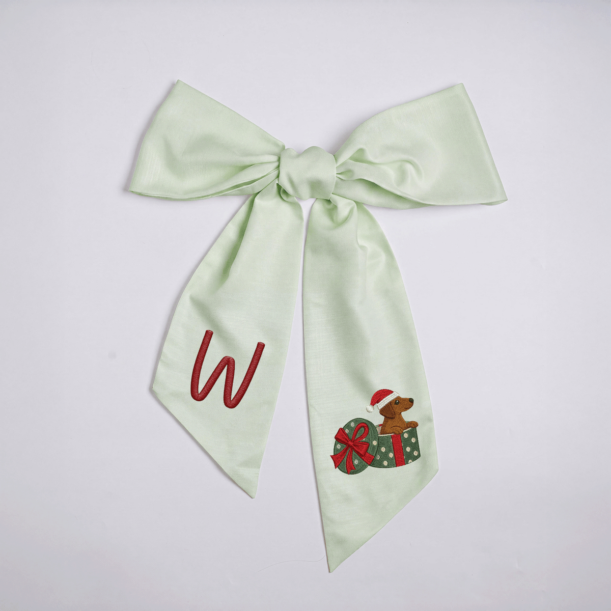 Personalized Monogram Christmas Dog in Present Box Embroidered Linen Door Wreath Sash, Custom Initial Holiday Dachshund Wreath Bow Sash Decor, Festive Front Door Home Accessories