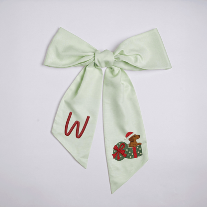 Personalized Monogram Christmas Dog in Present Box Embroidered Linen Door Wreath Sash, Custom Initial Holiday Dachshund Wreath Bow Sash Decor, Festive Front Door Home Accessories