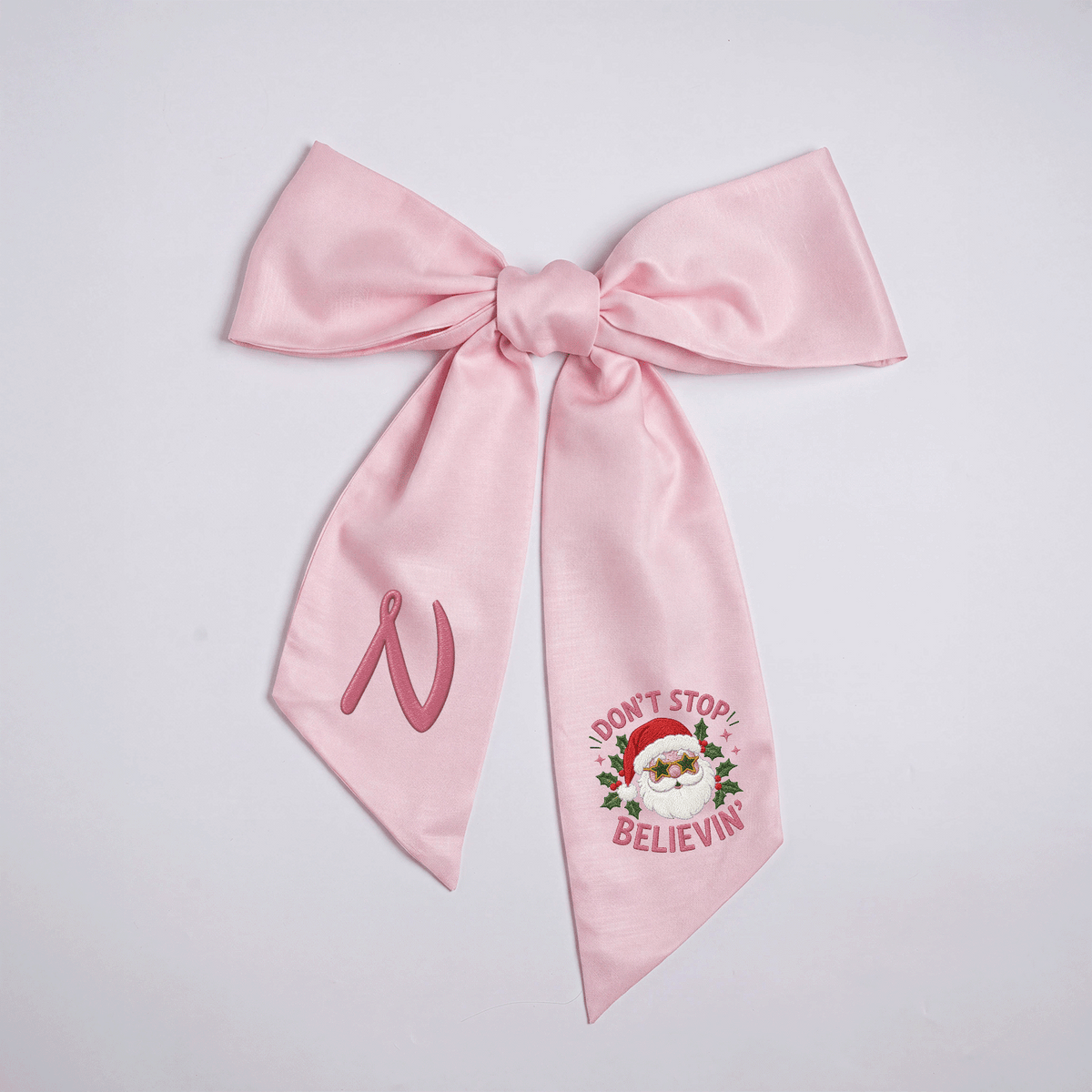 Custom Monogram Don't Stop Believin' Santa Embroidered Linen Door Wreath Sash, Personalized Initial Star Sunglasses Santa Quote Holiday Wreath Sash & Front Door Decor