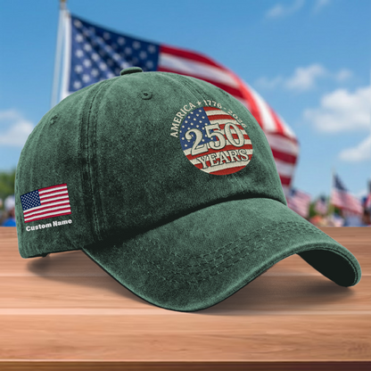 America 250 Years 1776-2026 Embroidered Washed Denim Baseball Cap – Custom Name Patriotic USA Anniversary Hat
