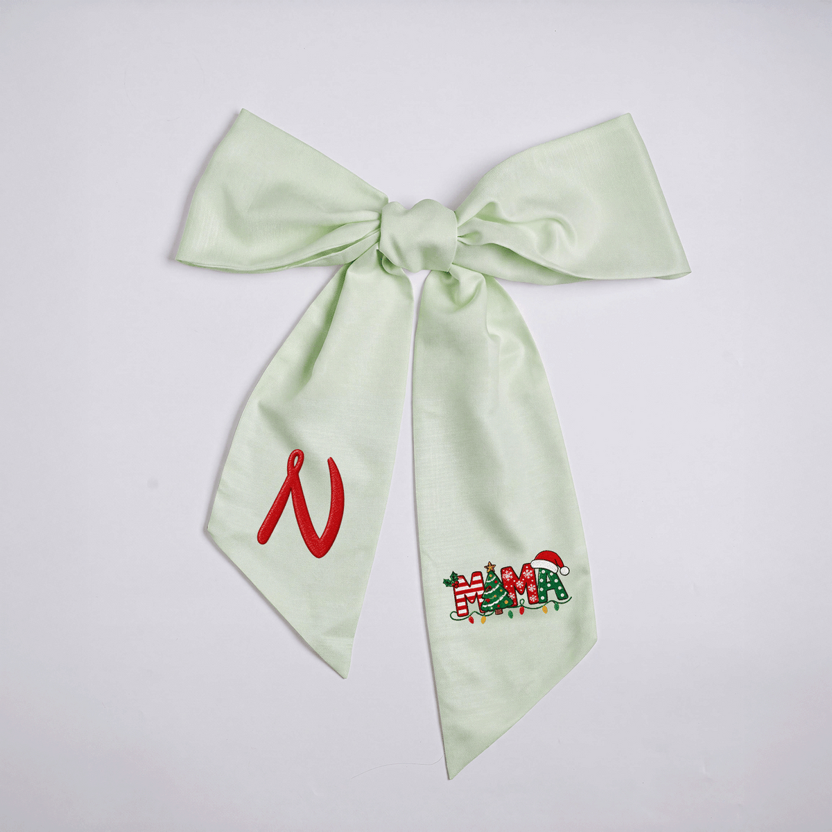Custom Monogram Mama Embroidered Linen Door Wreath Sash, Personalized Initial Christmas Tree Lights Santa Hat Typography Holiday Wreath Sash & Front Door Decor