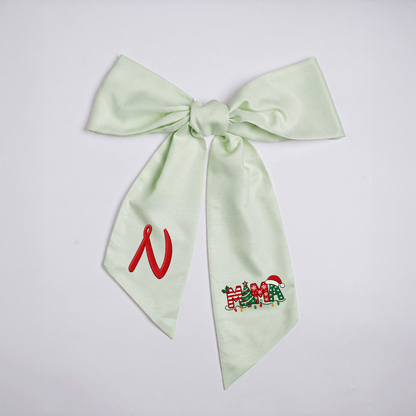 Custom Monogram Mama Embroidered Linen Door Wreath Sash, Personalized Initial Christmas Tree Lights Santa Hat Typography Holiday Wreath Sash & Front Door Decor
