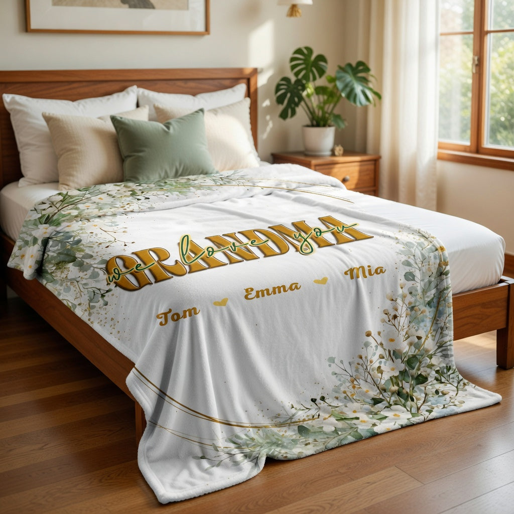 “Grandma, We Love You” – Heartfelt Mother’s Day Gift from Grandkids – Personalized Floral Heart Blanket