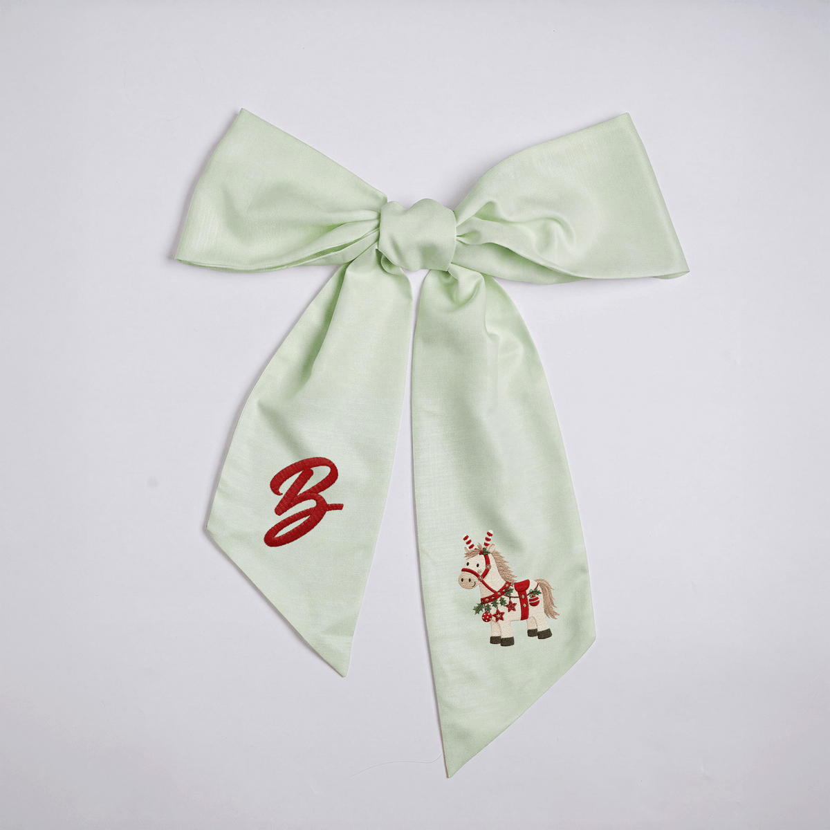 Custom Letter Christmas Rocking Horse Embroidered Linen Wreath Sash, Personalized Monogram Holiday Bow Sash for Door Decor