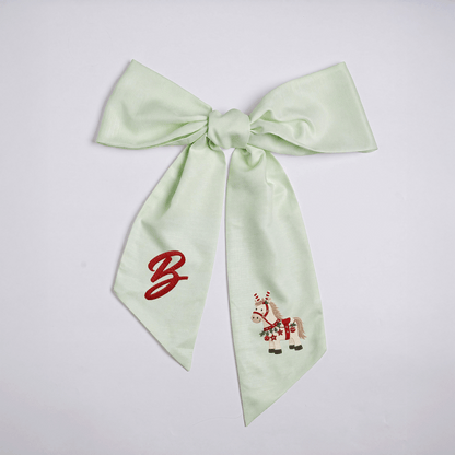Custom Letter Christmas Rocking Horse Embroidered Linen Wreath Sash, Personalized Monogram Holiday Bow Sash for Door Decor