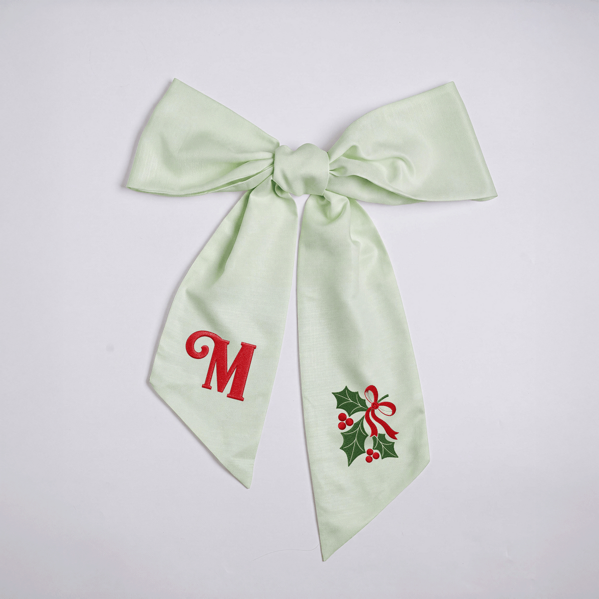Custom Letter Christmas Holly Berry Embroidered Linen Wreath Sash, Personalized Monogram Holiday Bow Sash for Front Door Decor