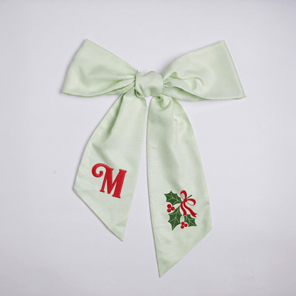 Custom Letter Christmas Holly Berry Embroidered Linen Wreath Sash, Personalized Monogram Holiday Bow Sash for Front Door Decor