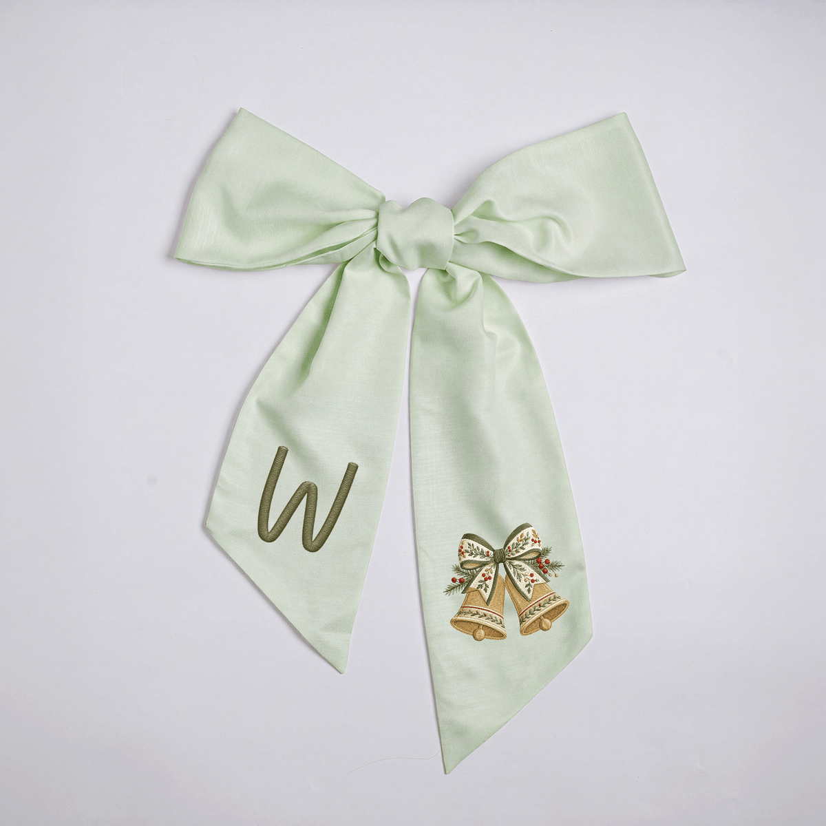 Personalized Monogram Golden Christmas Bells Embroidered Linen Door Wreath Sash, Custom Initial Holiday Wreath Bow Sash Decor, Festive Front Door Home Accessories