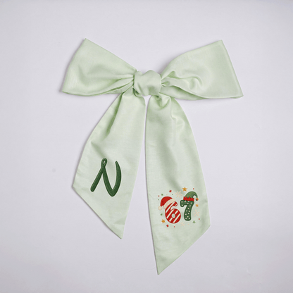 Custom Monogram Christmas 67 Santa Elf Hat Embroidered Linen Door Wreath Sash, Personalized Wreath Sash & Front Door Decor